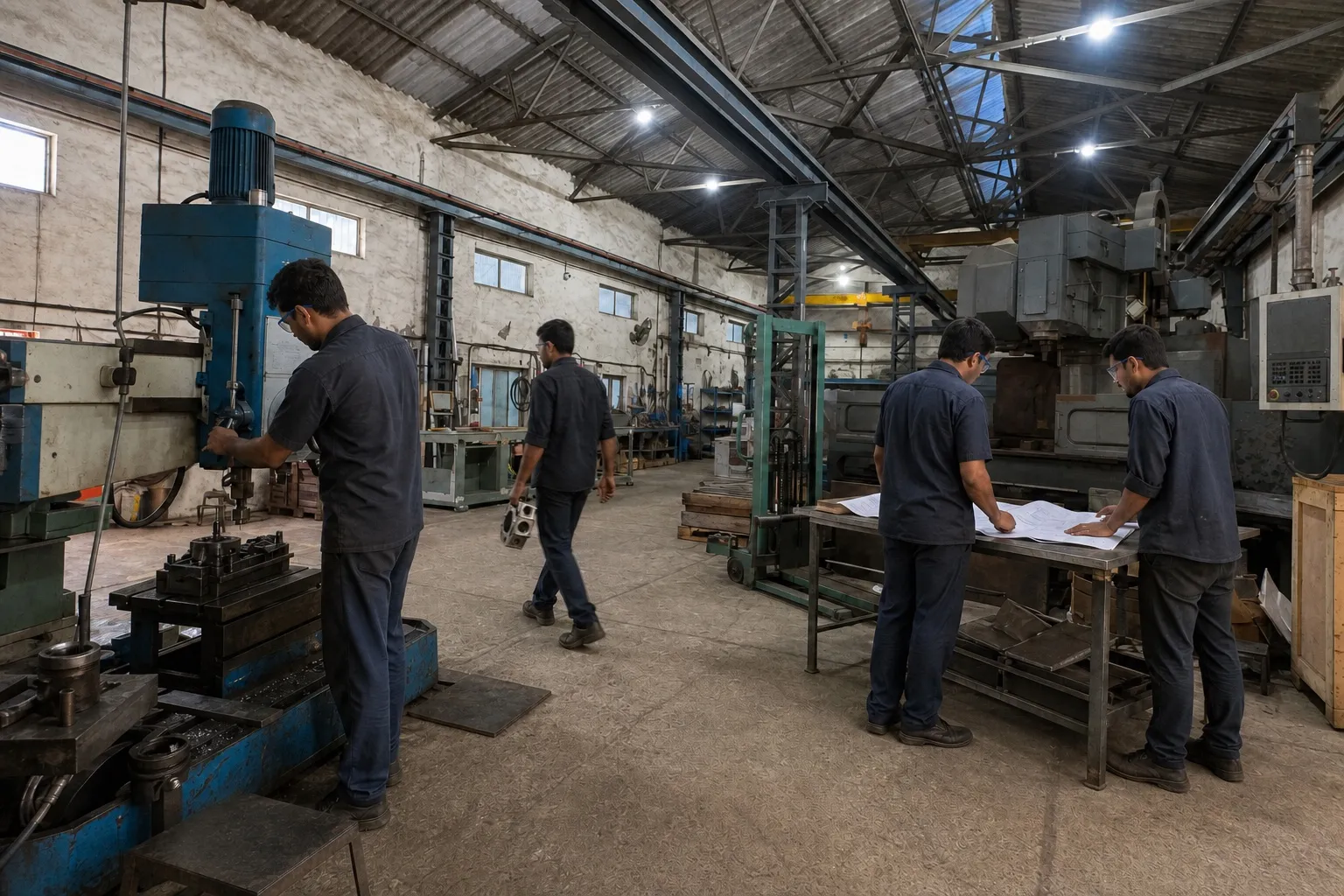 Engineers at work in the Pratishna machine shop — one setting a workpiece on the radial drill, two reviewing a drawing at the bench, one carrying a component through the bay
